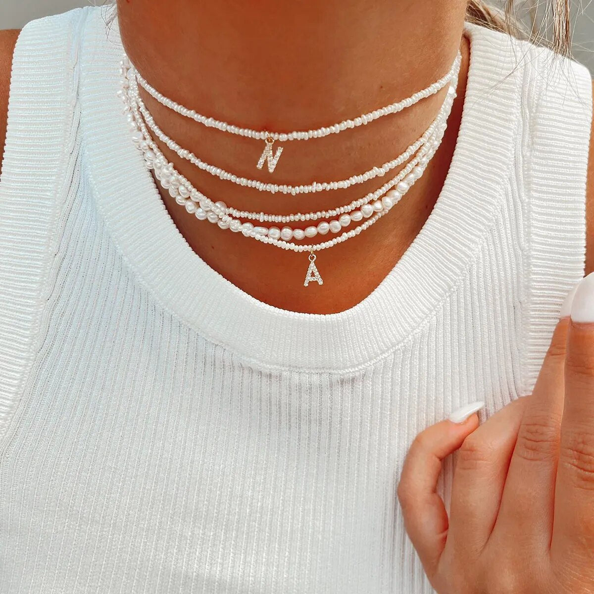 Shelly Crystal Pearl Initial Choker Necklace (Custom)